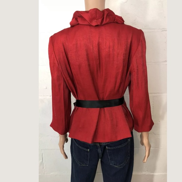 Lilianna Ruffled Neck Jacket Red Belted 3/4 Sleeve - Picture 6 of 9